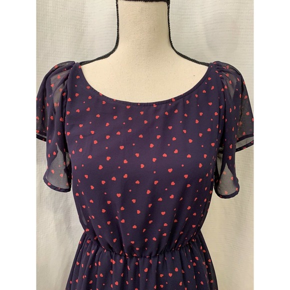 Forever 21 Navy Blue Red Heart Print Dress Blouson Short Sleeve Knee Length S - Picture 2 of 7